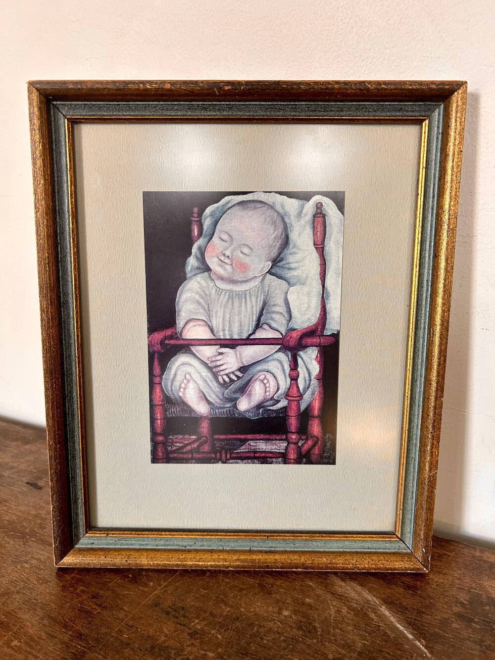 Baby in Red Chair Folk Art Print, Framed American Nursery Wall Art Decor